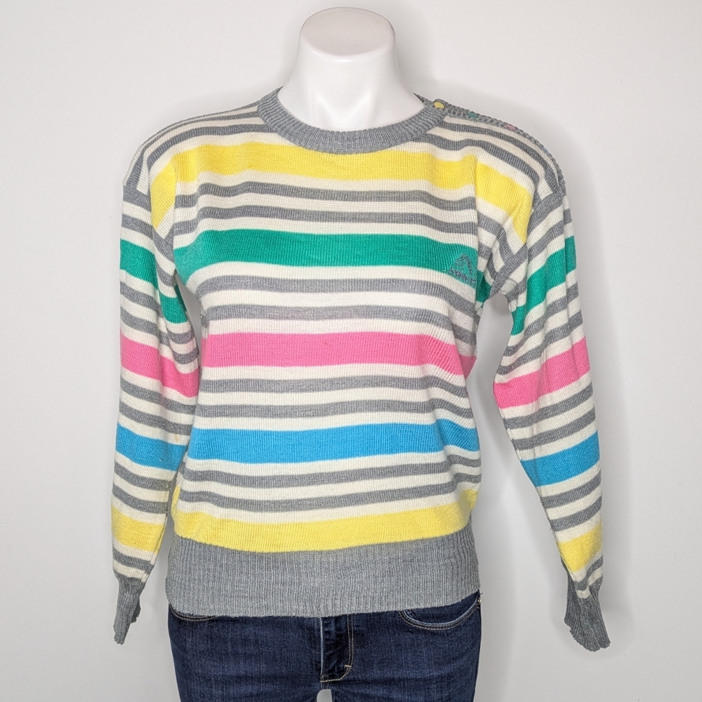 Vintage Jordache Grey White Colorful Striped Long Sleeve Sweater M